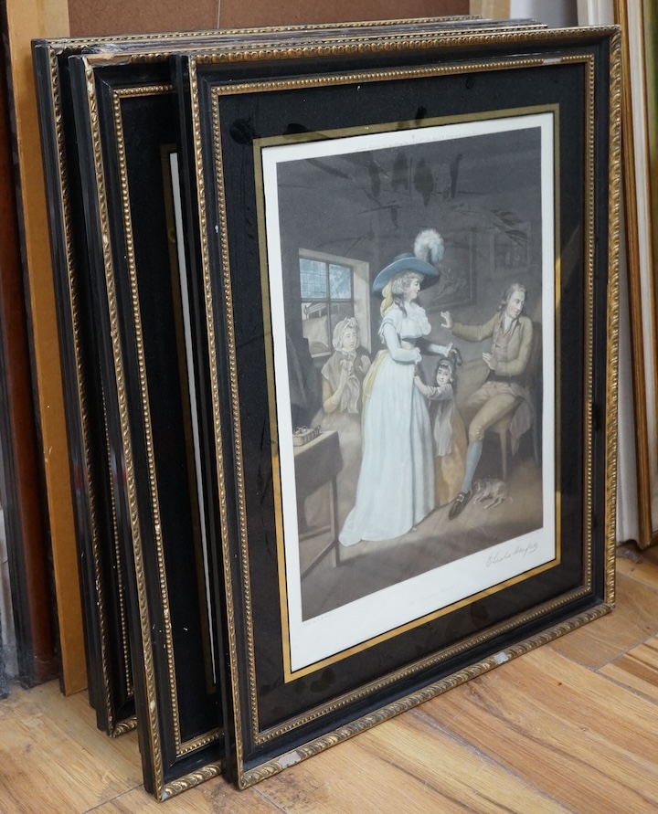 A set of six colour engravings after George Morland (1783-1804), to include the ‘Virtuous parent’ and ‘The Elopement’, together with a pair of colour prints depicting the Battle of Waterloo. Condition - varies